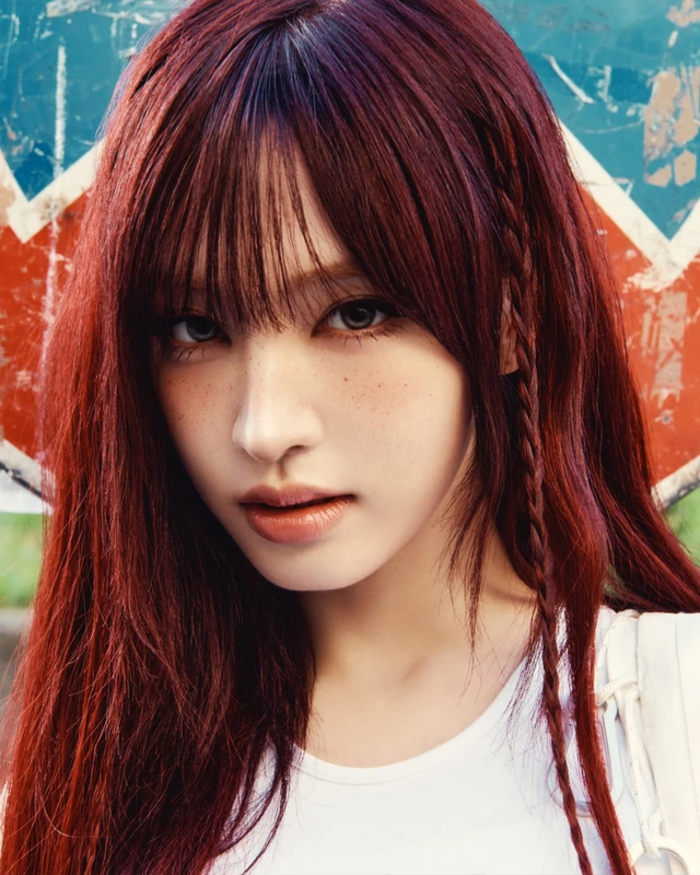 Close-up portrait of Liz with vivid red hair in front of a colourful background.