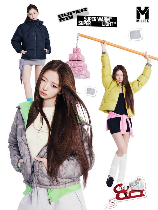 Millet SUPER REI collage combining navy, yellow and silver-grey outerwear looks with oversized props.
