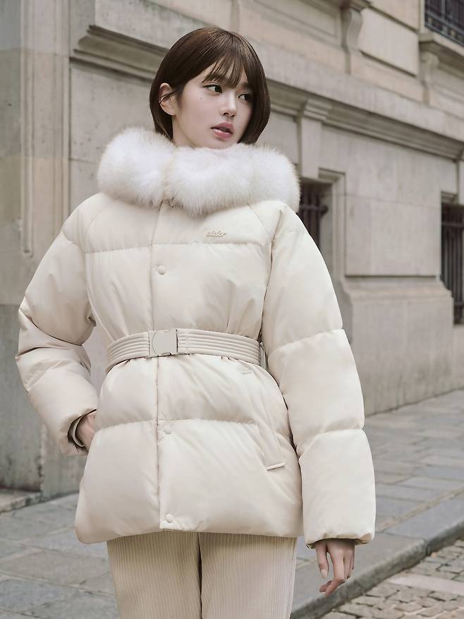 A belted ivory down jacket.
