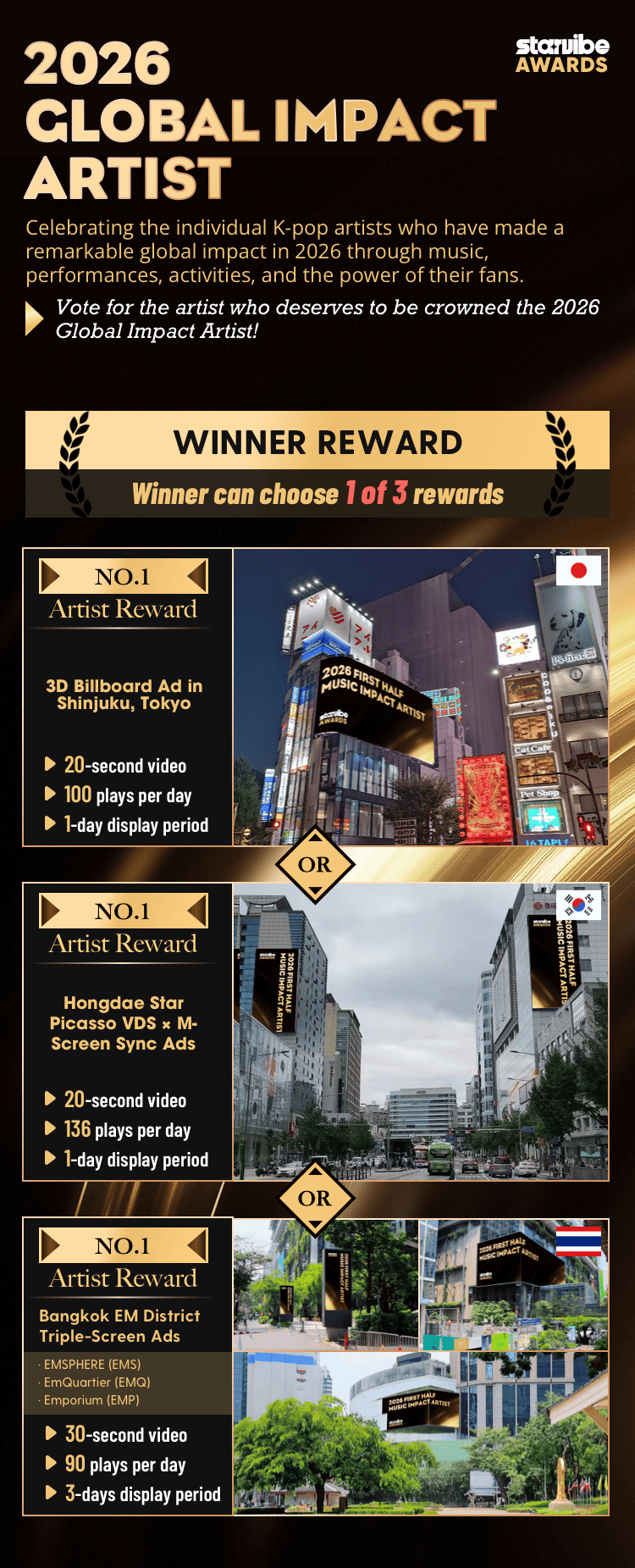 StarVibe’s reward notice: the winner chooses one package. The billboard images are illustrative mockups.