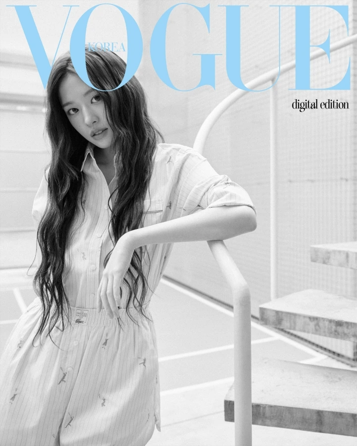 Vogue Korea digital cover with a black-and-white tennis-inspired portrait of Yujin
