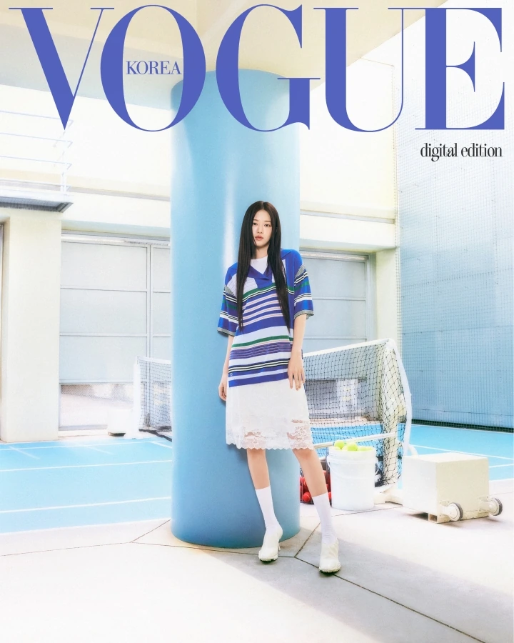 Vogue Korea digital cover featuring Yujin in a striped polo and white skirt on a tennis court