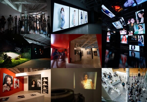 A collage showing AN-YOUNG’s photo galleries, digital installations, entrance and visitors