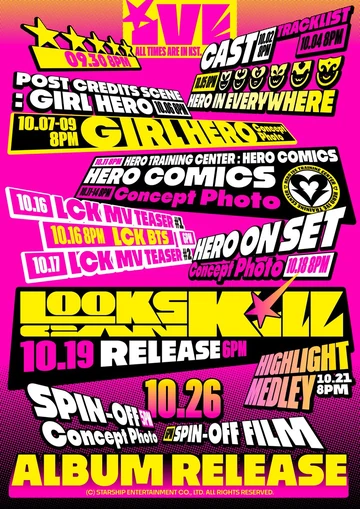 Official Looks Can Kill promotion scheduler in pink, yellow, black and white