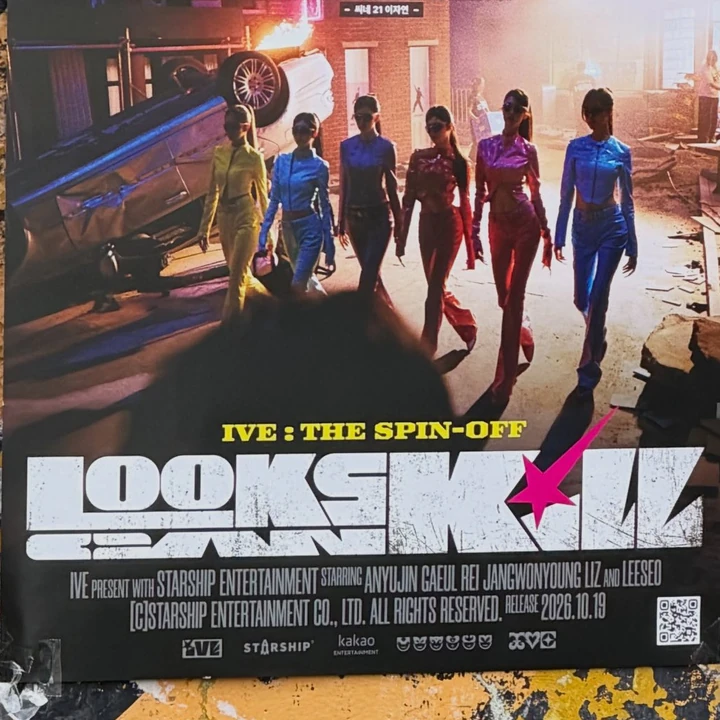 Hero-themed IVE: THE SPIN-OFF artwork on a Looks Can Kill street poster