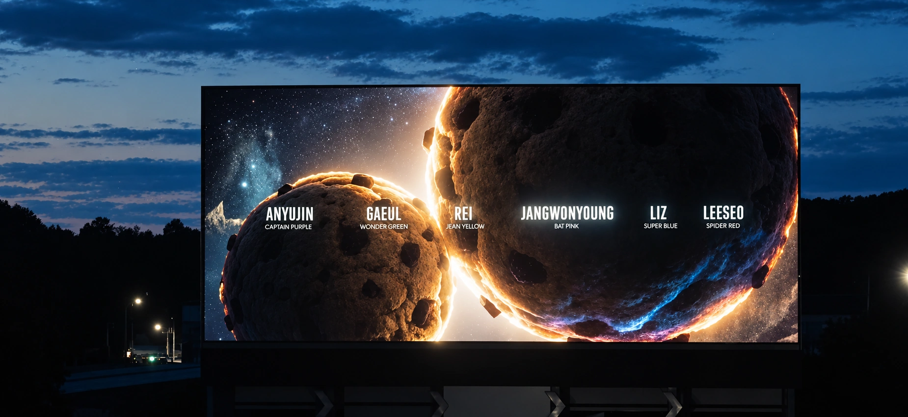 All six member names and superhero aliases on the cinema screen