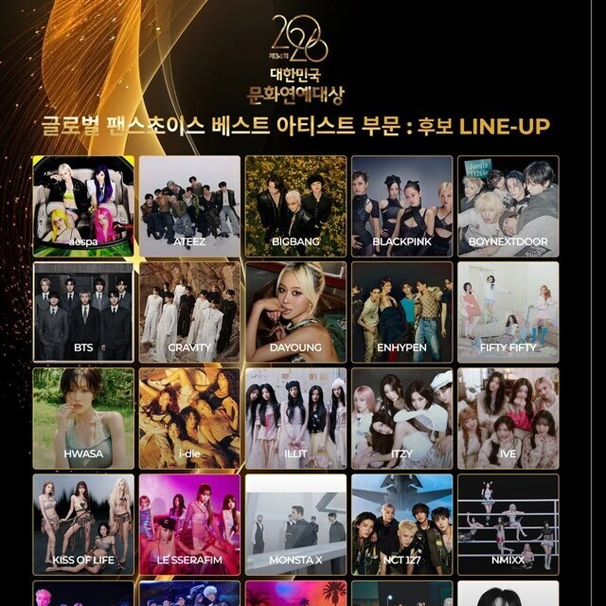 2026 Korea Culture & Entertainment Awards Best Artist nominee lineup, including IVE