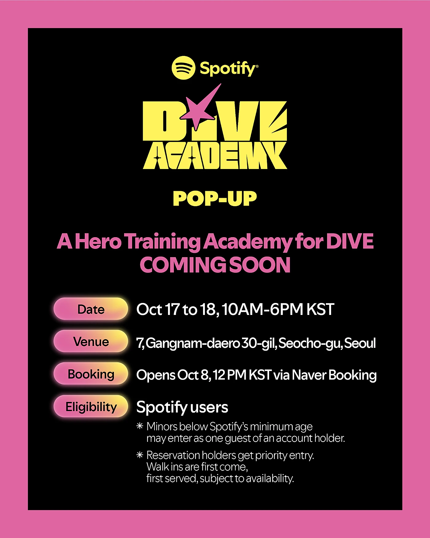 Spotify DIVE ACADEMY pop-up poster with dates, venue, booking and eligibility details