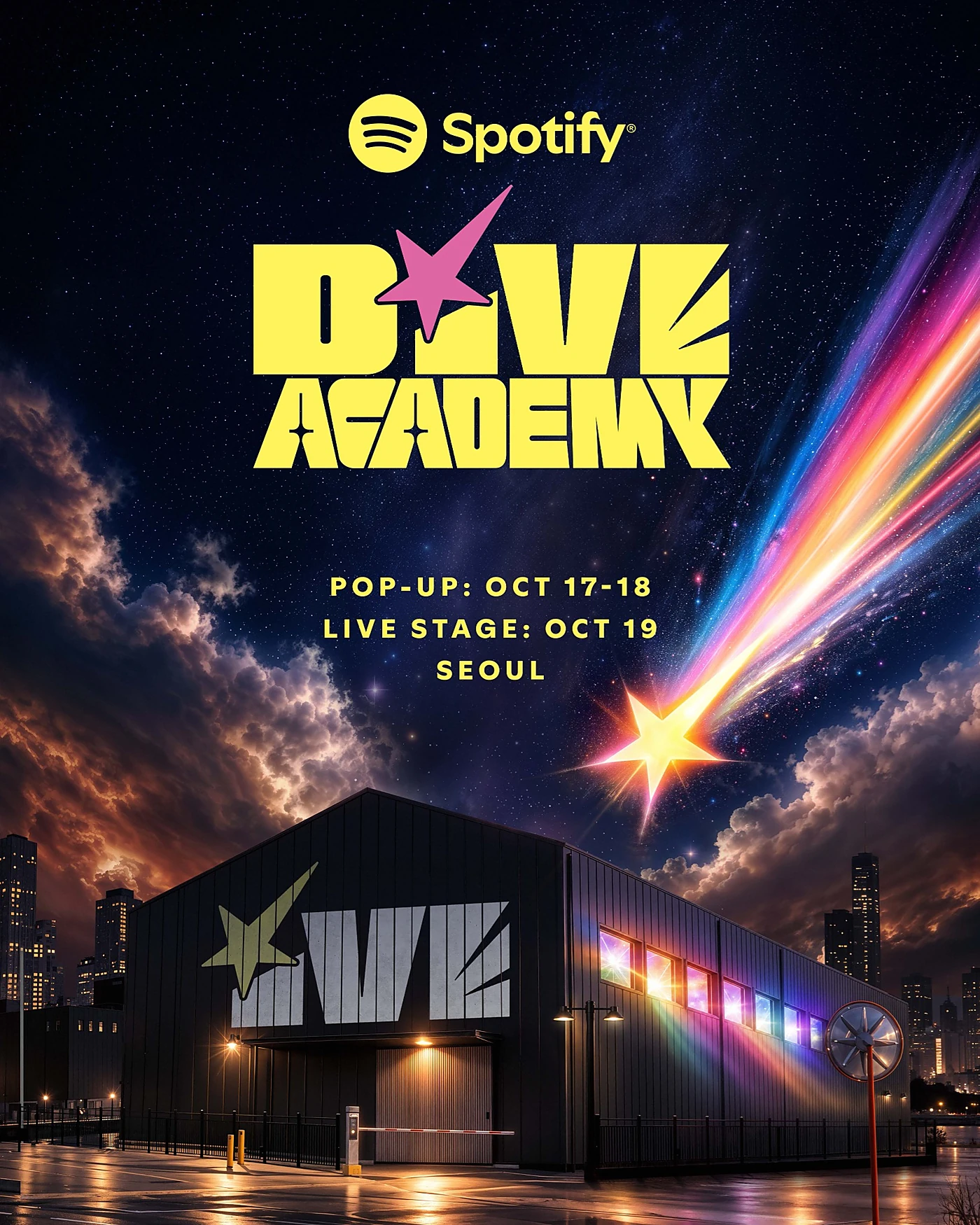 Spotify DIVE ACADEMY artwork with a cosmic sky and an IVE-marked building
