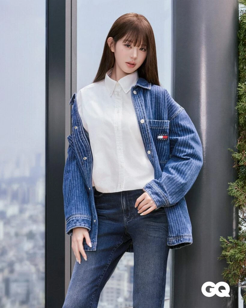 Wonyoung in a two-tone Tommy Jeans denim shirt jacket and bootcut jeans
