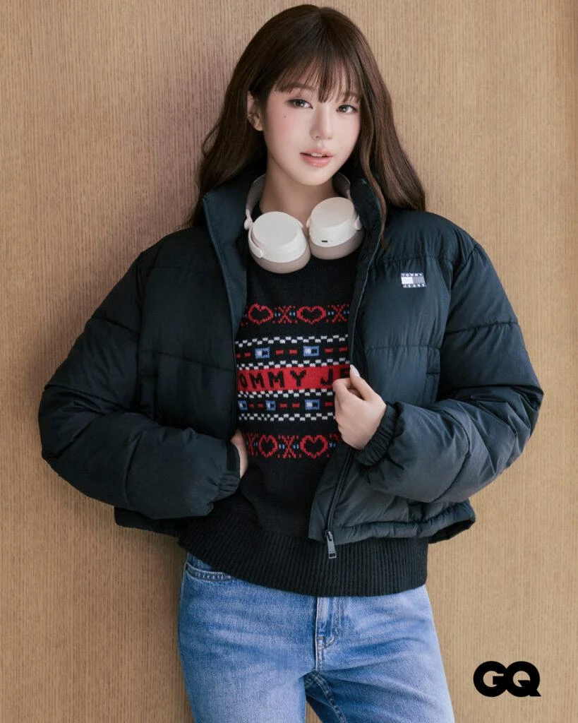 Wonyoung in a cropped black puffer and Fair Isle sweater