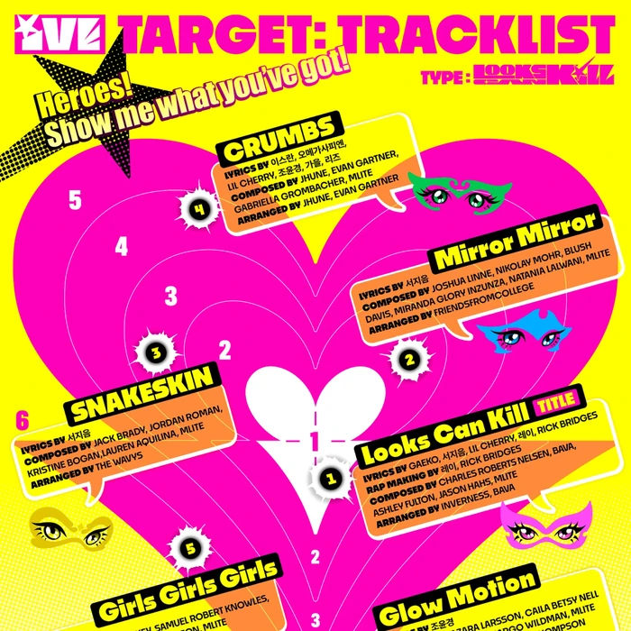IVE Looks Can Kill tracklist poster in bright yellow and pink