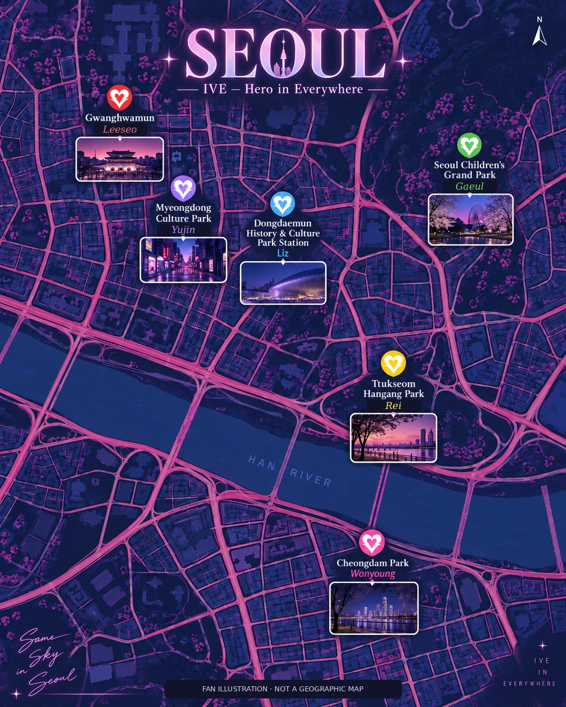 Neon Seoul-inspired fan illustration with six colour-coded location labels