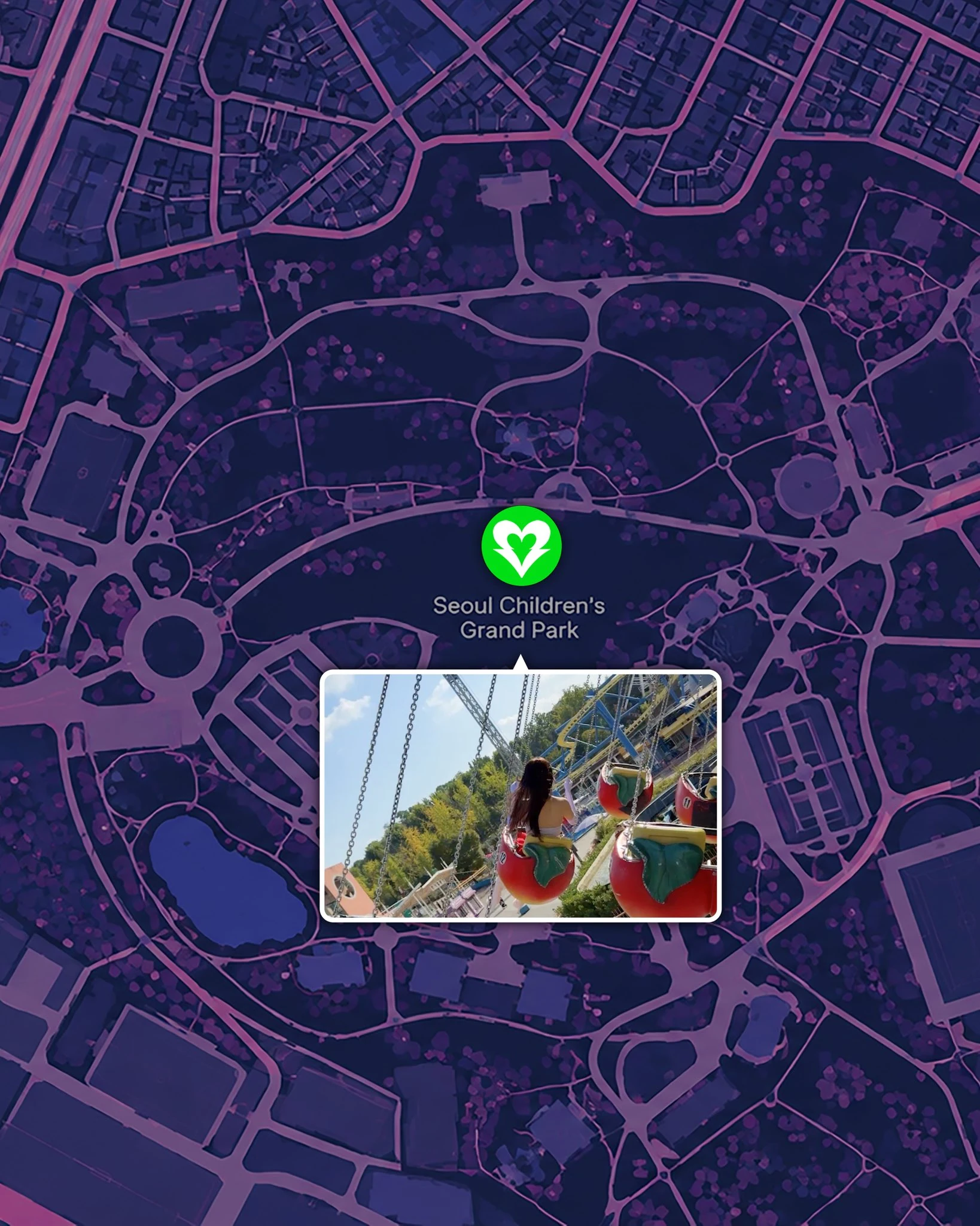 Official Seoul Children’s Grand Park map card with a colour-coded heart marker and video still