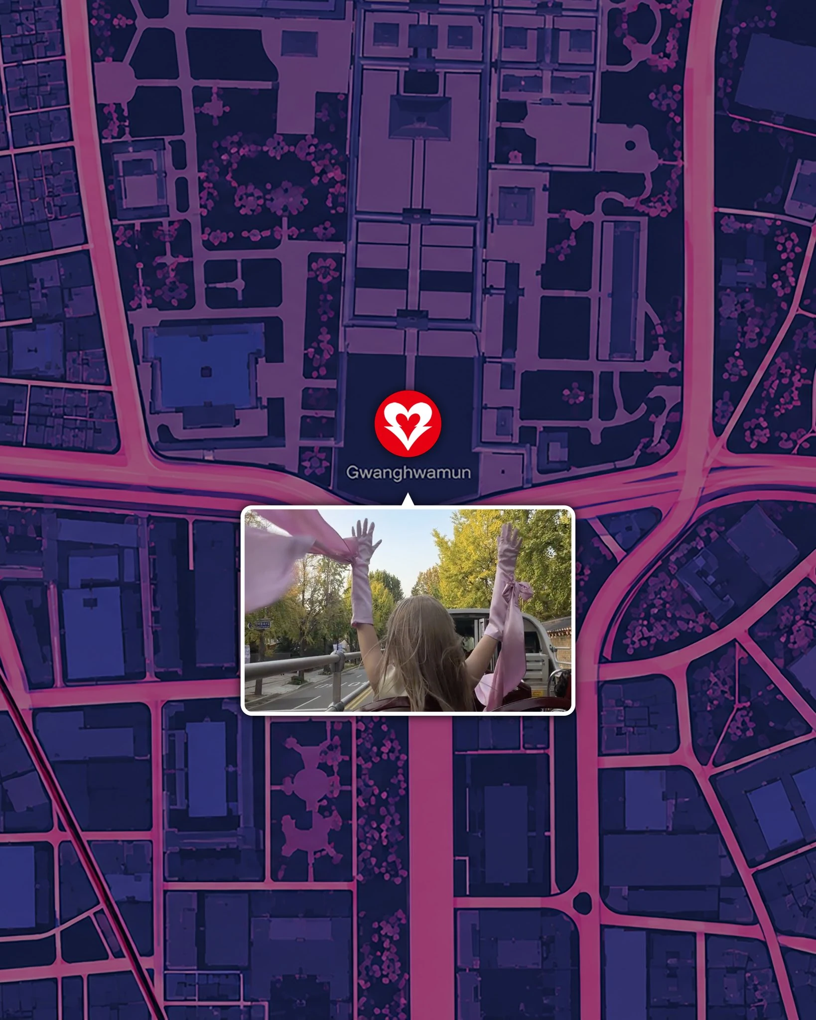 Official Gwanghwamun map card with a colour-coded heart marker and video still