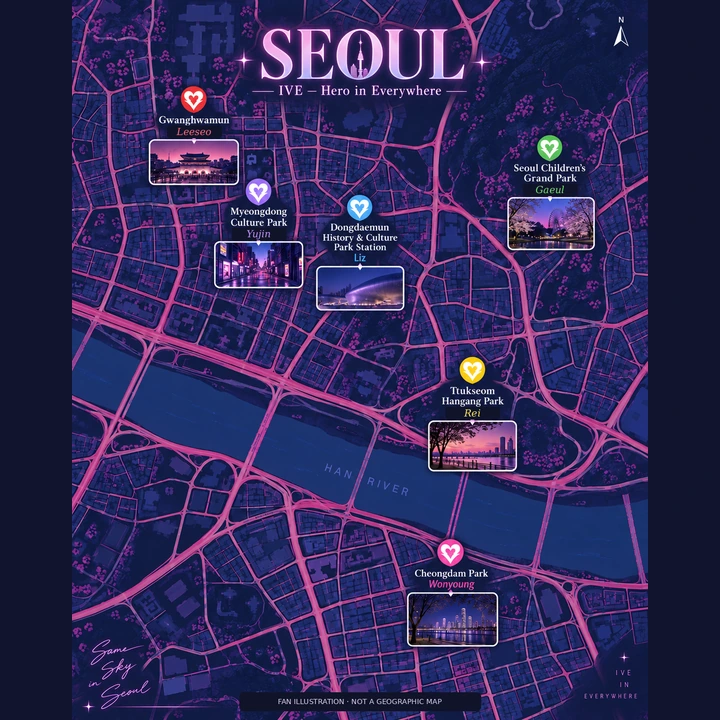 Fan-made neon Seoul illustration for IVE’s HERO IN EVERYWHERE videos