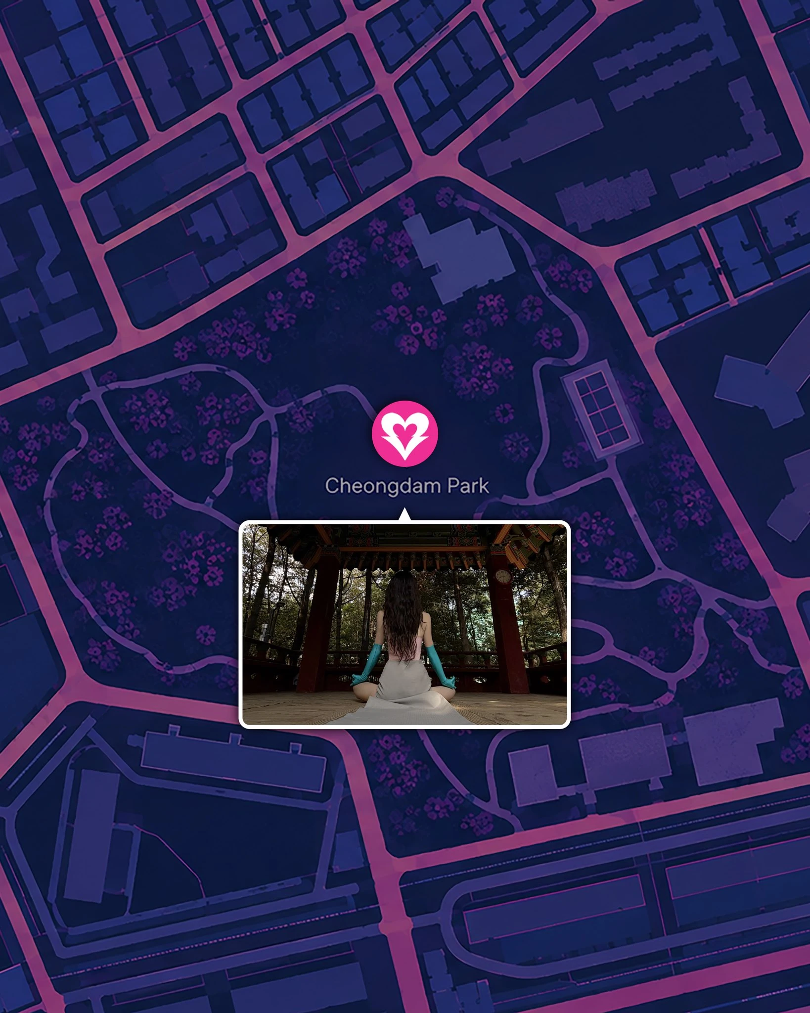 Official Cheongdam Park map card with a colour-coded heart marker and video still