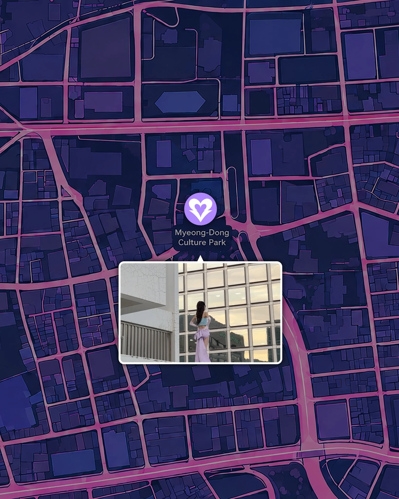 Official Myeong-Dong Culture Park map card with a colour-coded heart marker and video still