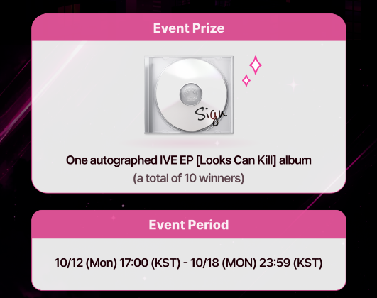 Official panel listing one signed Looks Can Kill EP for each of ten winners and the October 12 to 18 event period