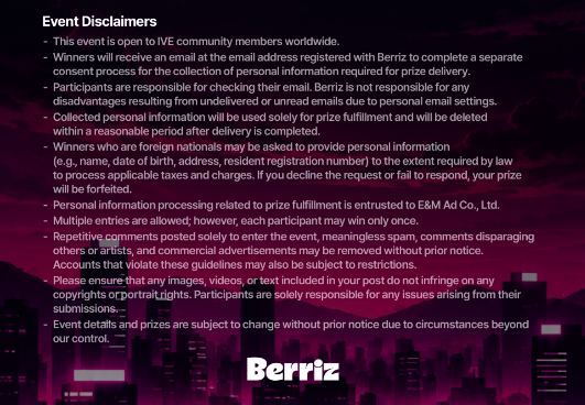 Original event terms covering worldwide eligibility, winner contact, personal-information consent and participation rules