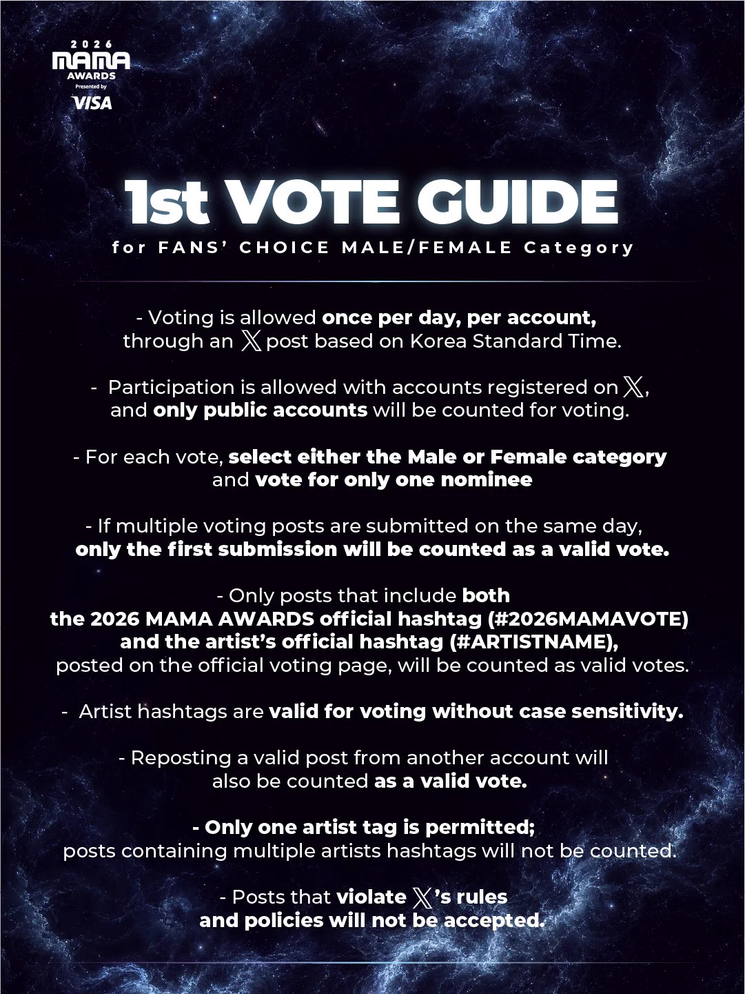 Official X voting rules covering public accounts, voting hashtags, reposts and the daily limit