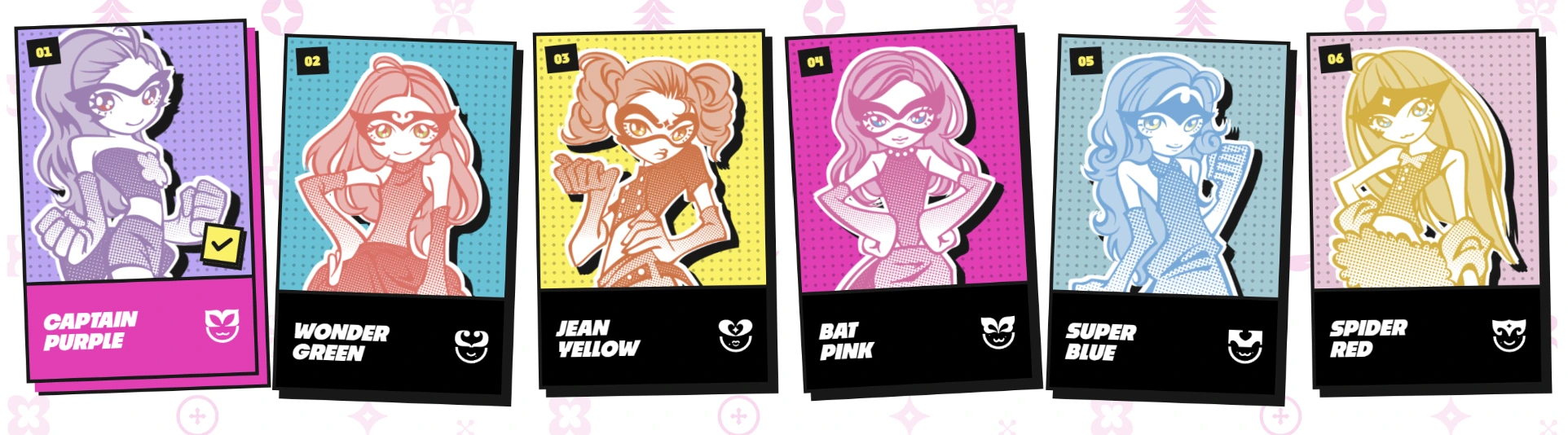 The six IVE HERO OFFICE character cards: Captain Purple, Wonder Green, Jean Yellow, Bat Pink, Super Blue and Spider Red