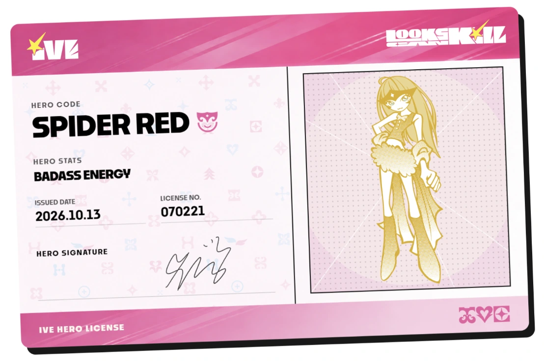 Pink and white Hero License featuring Spider Red with the Hero Stat Badass Energy