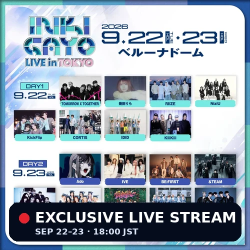 INKIGAYO LIVE in TOKYO 2026 lineup artwork for September 22 and 23 at Belluna Dome